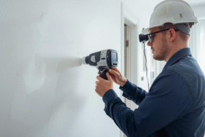 Um técnico especializado em caça vazamentos analisando a parede